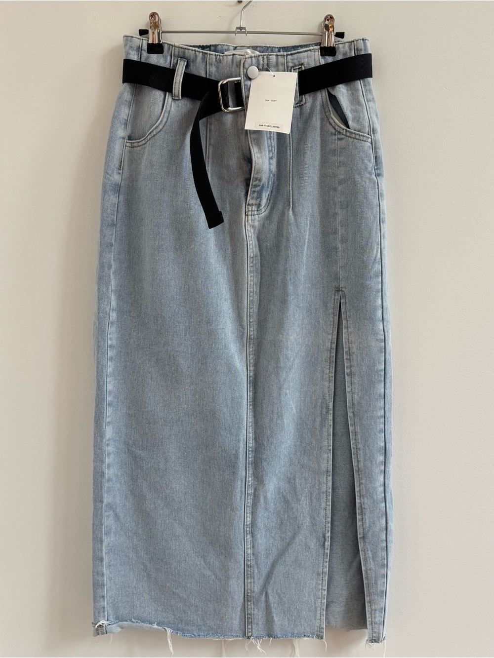 OAK + FORT Light Blue Denim Midi Skirt with Black Belt